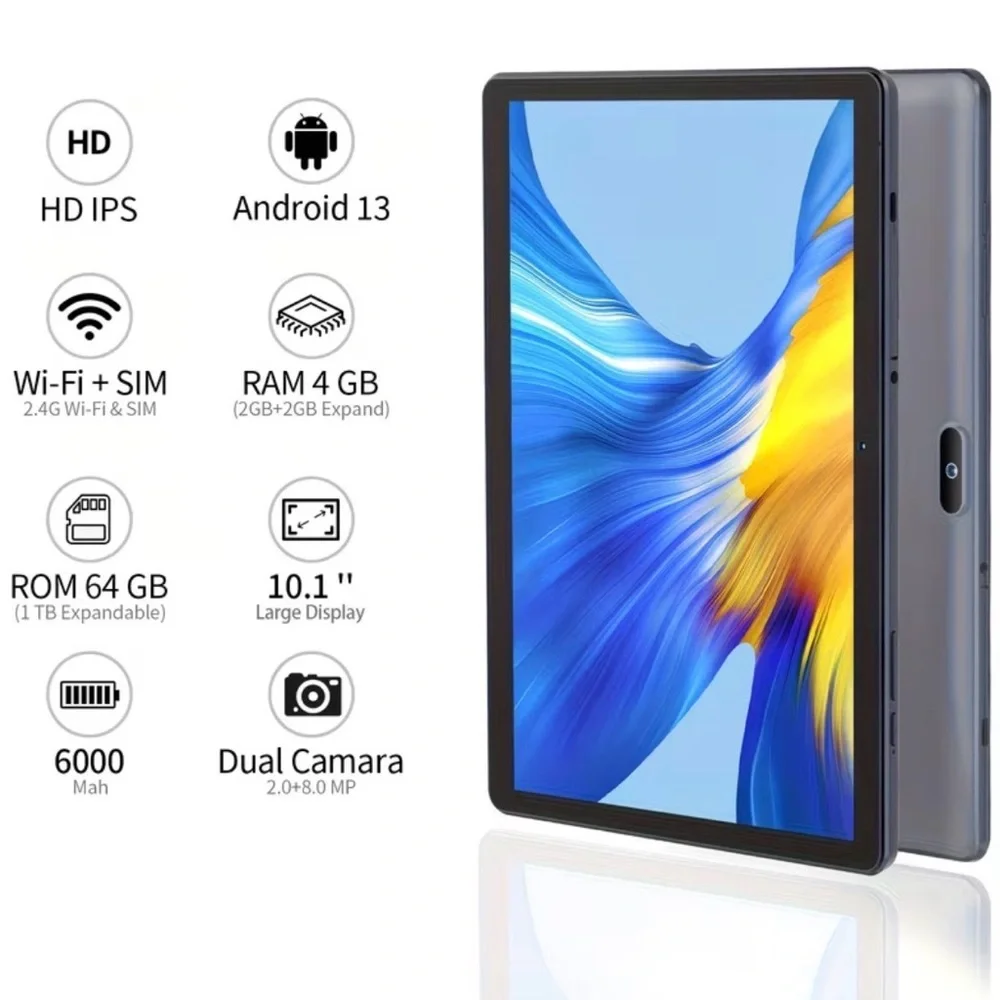 Tablet PC Android 13 64GB QuadCore Touch Screen WiFi w/SIM Slot Phone Call 10.1”